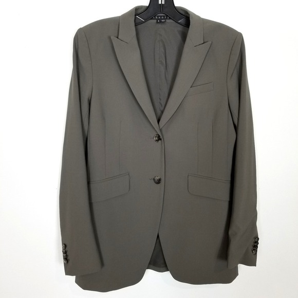 Theory Women Wool Blend Blazer Jacket Sz 8 Taupe Preppy Office Career Button Up - Picture 1 of 11
